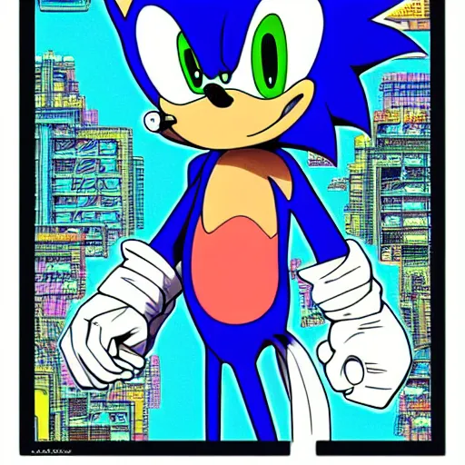 Image similar to a drawing of sonic the hedgehog in the style of sega genesis illustrated by jean giraud!!!!!!!, artwork by josan gonzalez, vaporwave aesthetic