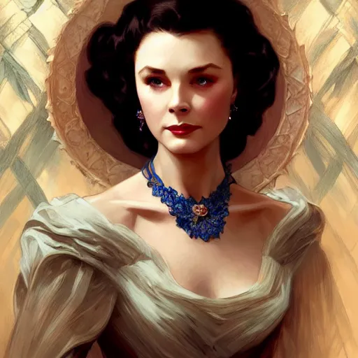 Image similar to Vivien Leigh in Gone With the Wind, D&D, fantasy, intricate, elegant, highly detailed, digital painting, artstation, concept art, matte, sharp focus, illustration, art by Artgerm and Greg Rutkowski and Alphonse Mucha