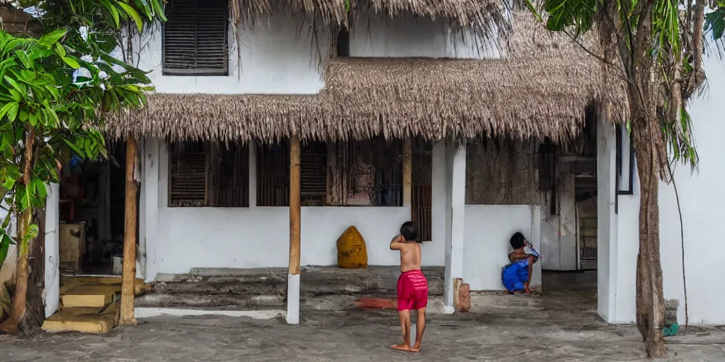 Prompt: street photo view of local sea side house in thailand