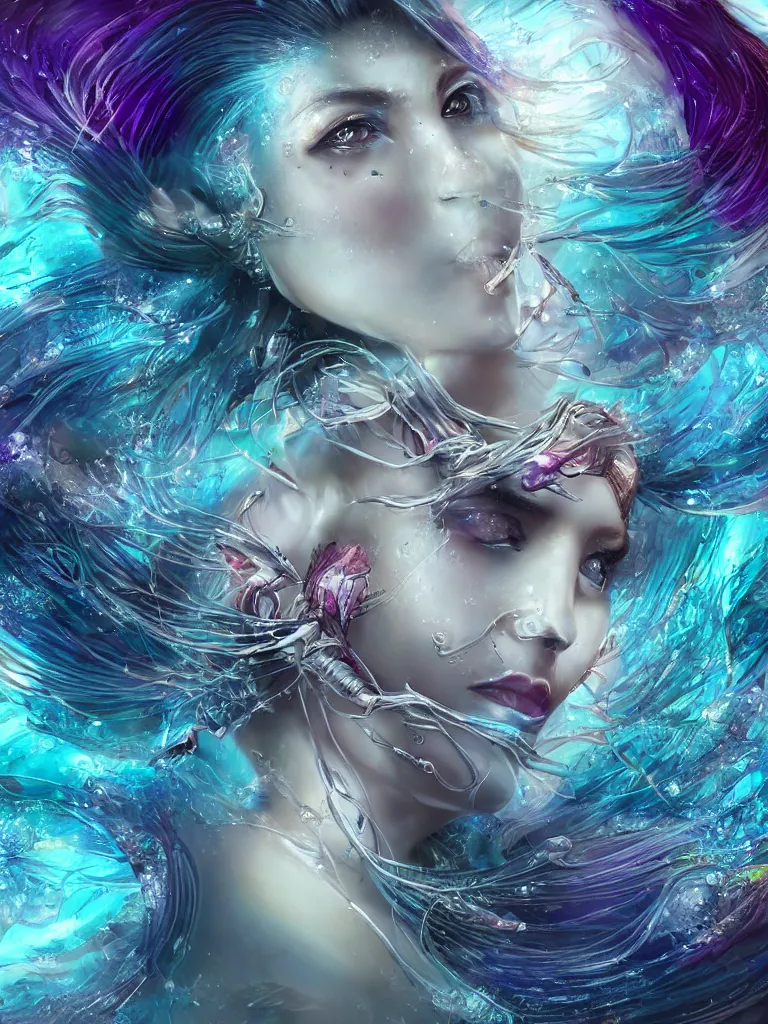 Prompt: epic ethnic close-up macro portrait of the face of a beautiful mermaid with makeup, epic angle and pose, symmetrical artwork, 3d with depth of field, blurred background, cybernetic orchid flower butterfly jellyfish crystal, obsidian, female face skull phoenix bird, translucent, nautilus, energy flows of water and fire. a highly detailed epic cinematic concept art CG render. made in Maya, Blender and Photoshop, octane render, excellent composition, cinematic dystopian brutalist atmosphere, dynamic dramatic cinematic lighting, aesthetic, very inspirational, arthouse. y Greg Rutkowski, Ilya Kuvshinov, WLOP, Stanley Artgerm Lau, Ruan Jia and Fenghua Zhong.