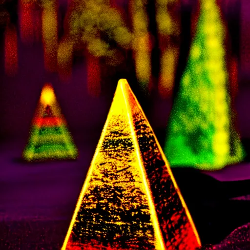 Image similar to colorful velvet Wizard triangle tree pyramid crystal, in a forest in twilight, 70s, polaroid, DOF, grain, kaleidoscope