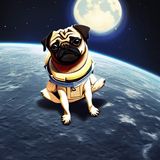Prompt: Pug Astronaut stands on a ball that look like the moon, artstation