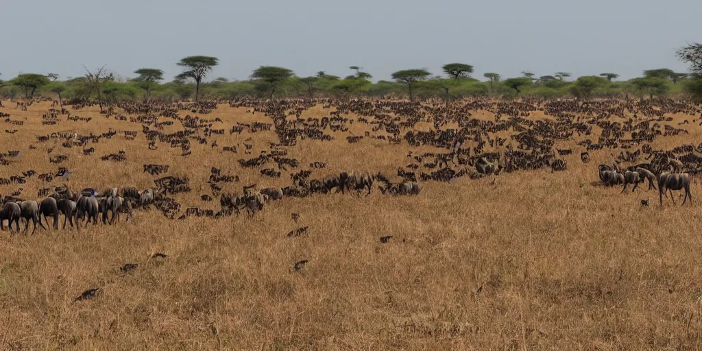 Prompt: animals are migrating on the savannah of africa