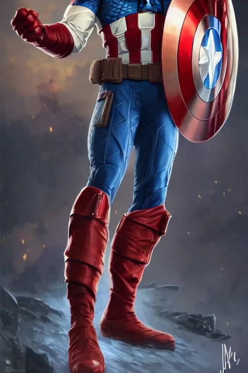 Image similar to Donald Trump as Captain America full body portrait, D&D, fantasy, intricate, elegant, highly detailed, digital painting, artstation, concept art, matte, smooth, sharp focus, illustration, art by Artgerm and Greg Rutkowski and Alphonse Mucha, octane render, 8k, hyper realistic