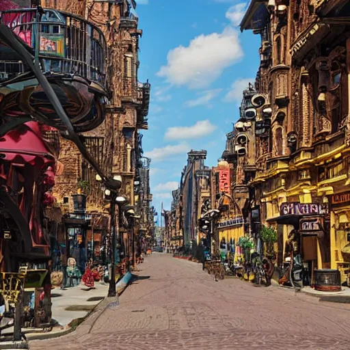 Image similar to streetview of a steampunk city.