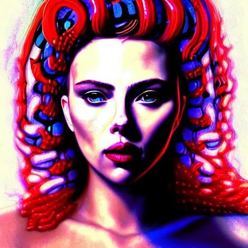 Prompt: an extremely psychedelic portrait of scarlett johanson as medusa, surreal, lsd, face, detailed, intricate, elegant, lithe, highly detailed, digital painting, artstation, concept art, smooth, sharp focus, illustration