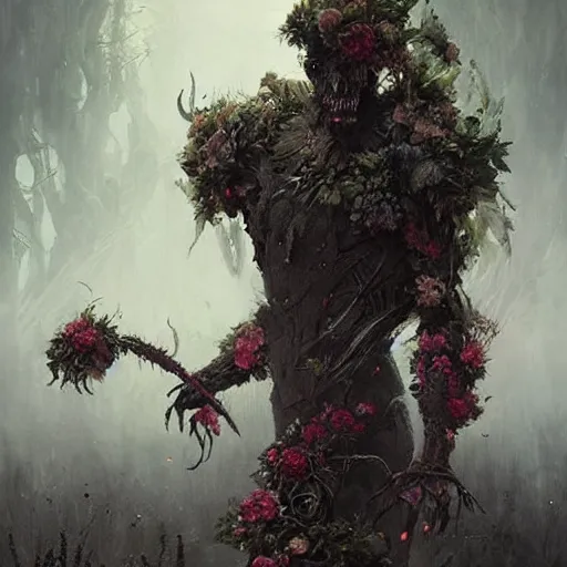 Image similar to a beautiful terrifying monster made out of flowers. ethereal horror fantasy art by greg rutkowski