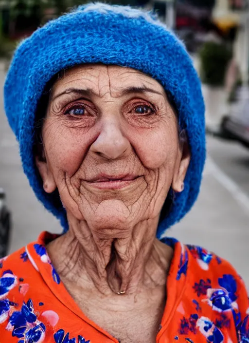 Prompt: Mid-shot portrait of a 65-year-old woman from Cyprus, happy, strong blue and orange colors, candid street portrait in the style of Martin Schoeller award winning, Sony a7R