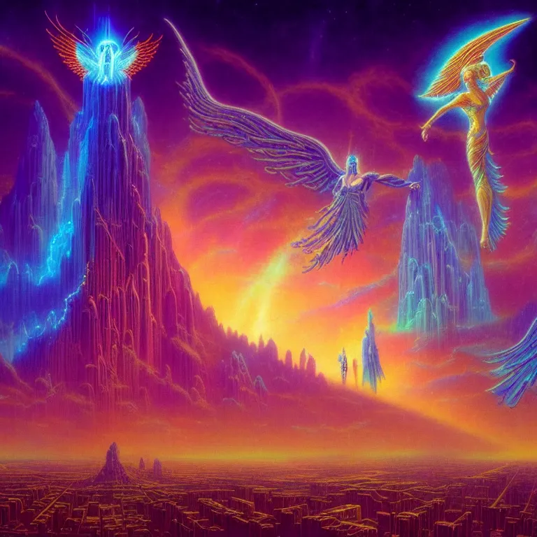 Image similar to mysterious glowing angels over epic dark ancient city, infinite fractal tesseract, quantum waves, synthwave, bright neon colors, highly detailed, cinematic, tim white, vladimir kush, philippe druillet, roger dean, bob eggleton, michael whelan, boris vallejo, alfred kelsner, kubrick