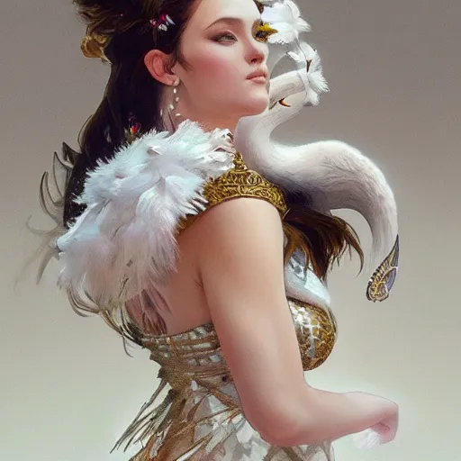 Prompt: a queen with a decorated dress made of white and cream plumes of swan, highly detailed, digital painting, Trending on artstation , HD quality, by artgerm and greg rutkowski and alphonse mucha, dramatic light, octane