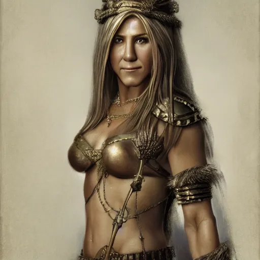 Image similar to portrait of jennifer aniston as amazon in an intricate dress by roberto ferri, fantasy, witcher, very detailed, masterpiece, 8 k