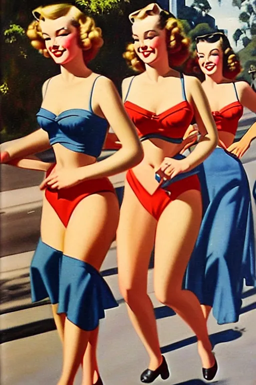 Image similar to 1940s group of pinup bikini girls walking down the street in 1940s Sydney in Australia, oil painting, by Gil Elvgren
