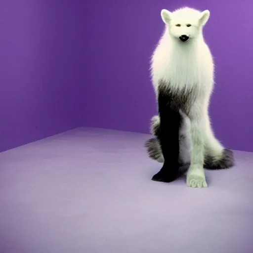 Image similar to a photo of a white fur monster standing in a purple room