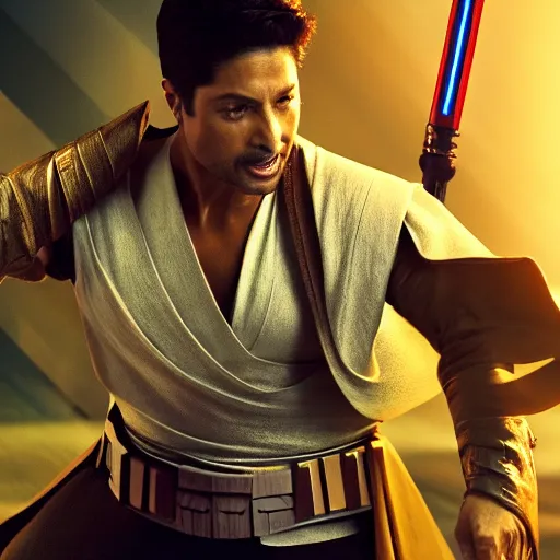 Image similar to Chayanne the singer as a jedi in star wars, holding a lightsabre. splash art, cinematic lighting, dramatic, octane render, long lens, shallow depth of field, bokeh, anamorphic lens flare, 8k, hyper detailed, 35mm film grain