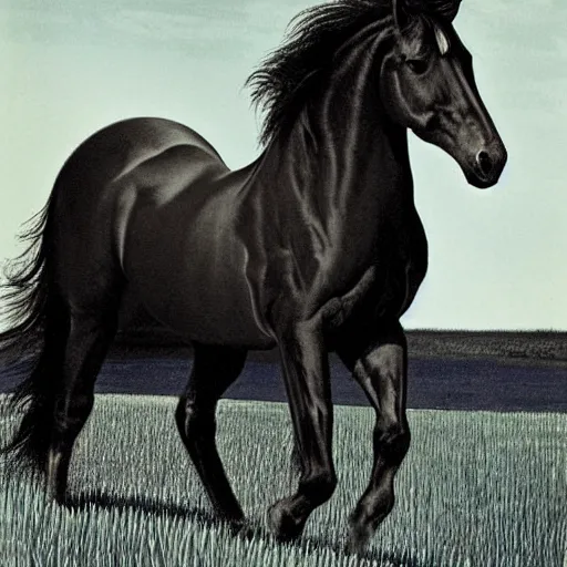 Image similar to A beautiful illustration of a horse. The horse is shown running through a field with a flowing mane and tail. The background is a peaceful blue sky. heliotrope by Mark Arian, by Herbert List