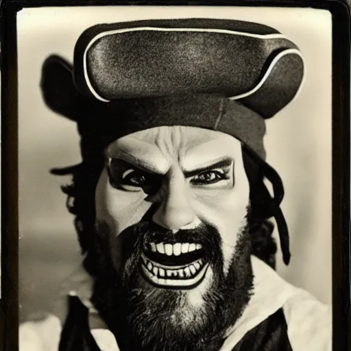 Image similar to casting photo for the role of lechuck the pirate, photorealistic polaroid film