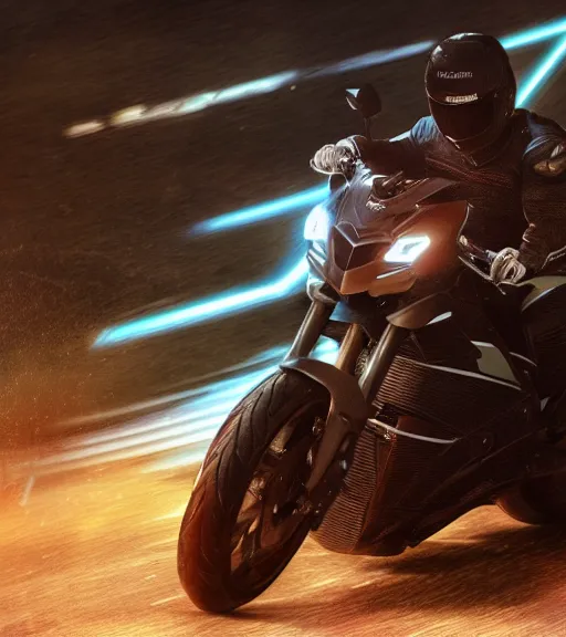 Image similar to mamimi samejima riding in a motorcycle race to the ancient and majestic tower of babylon destroyed, tron legacy, hyper realistic, ambient lighting, concept art, intricate, hyper detailed, trakovsky greatest scene, smooth, dynamic volumetric lighting, octane, raytrace, cinematic, high quality, high resolution, 4 k, cgsociety, rutkowski, gurney