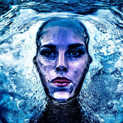 Image similar to water artwork manipulation in the shape of a human head, on the ocean water, amazing water art, ray tracing, realistic water sharp focus, long shot, 8 k resolution, cinematic