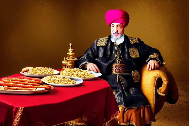 Prompt: Ottoman Sultan Mehmet IV sitting by a table full of delicious hot dogs, wearing big ovular turban and a luxurious Ottoman coat, mid-shot, cold lighting, photography from Vogue Magazine, neat, precise, realistic, detailed facial features, expressive, photorealistic, hyperrealism, micro details, HDR Shot, in the style of Martin Schoeller