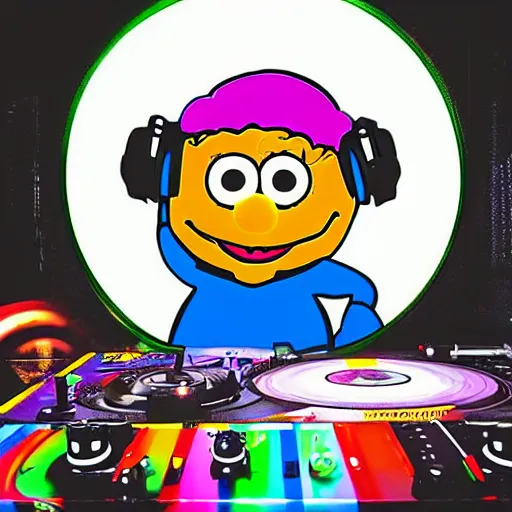 Image similar to svg sticker of a Pop-Wonder Bert&Ernie, Sesame-Street, at a rave, spinning records, giant headphones rocking out, wearing headphones, huge speakers, dancing, rave, DJ, spinning records, digital art, amazing composition, rule-of-thirds, award-winning, trending on artstation, featured on deviantart