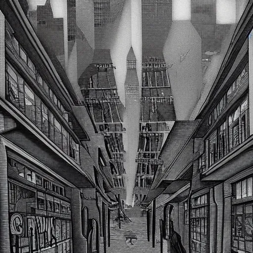 Image similar to dark city bus stop, by MC Escher, very detailed,ArtStation