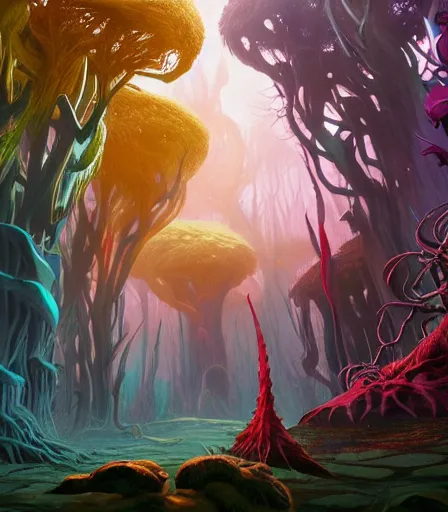 Image similar to The forest of dungeons and dragons by Alex Pardee and Nekro and Petros Afshar, and James McDermott,unstirred paint, vivid color, cgsociety 4K