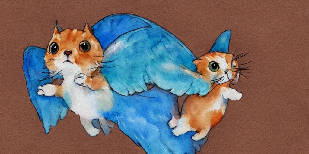 Image similar to watercolor illustration style, flying cute cats with blue wings