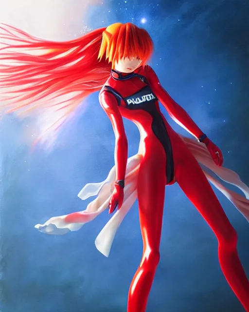 Image similar to asuka langley soryu wearing plugsuit, award winning photograph, radiant flares, realism, lens flare, intricate, various refining methods, micro macro autofocus, evil realm magic painting vibes, hyperrealistic painting by daniel dos santos