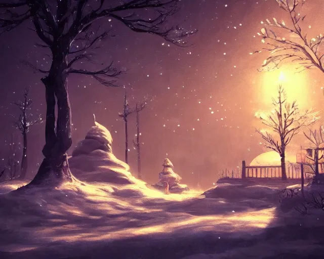 Prompt: scenery artwork, scene beautiful, light!! light essential calm and cozy winter world snow and night, surrealism oil on canvas, artstation!! pixiv!! dream scenery, quality studio ghibli projection render, nier automata concept art, vaporwave textures