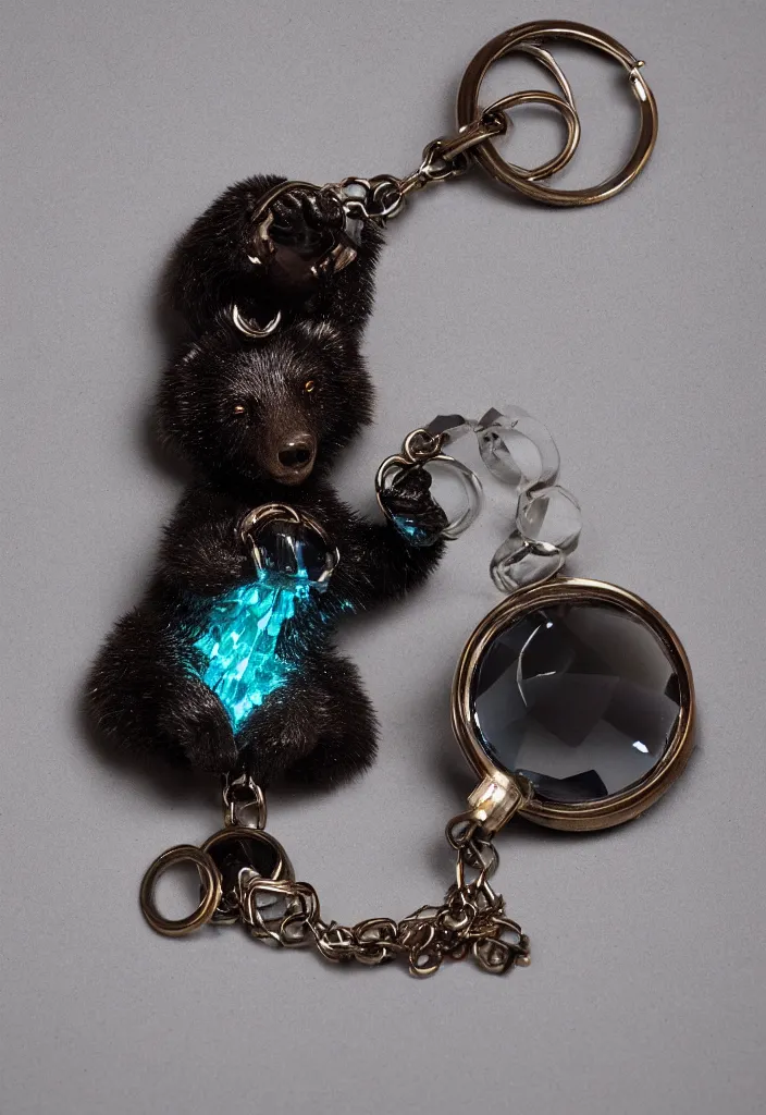 Image similar to a small deep coloured crystal bear keychain by greg rutkowski, sung choi, mitchell mohrhauser, maciej kuciara, johnson ting, maxim verehin, peter konig, 8 k photorealistic, cinematic lighting, hd, high details, dramatic, atmosphereric