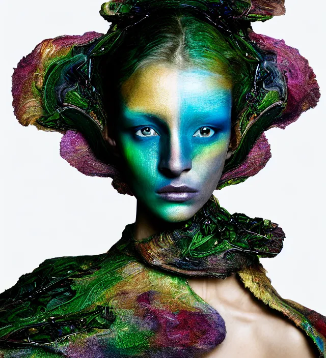 Image similar to photography face portrait of one female fashion model in rainforest, wearing one organic futurist shawl designed by iris van herpen,, creative colorfull - makeup, curly hair style half _ long, photography by paolo roversi nick knight, helmut newton, avedon, and araki, sky forest background, natural pose, highly detailed, skin grain detail