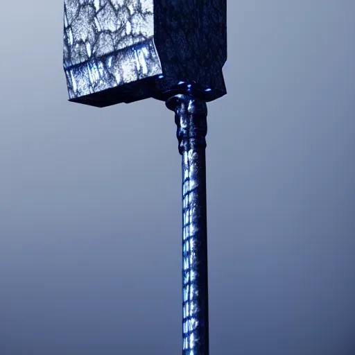 Image similar to Mjolnir, Hammer of Lightning, blue glowing pattern, unreal engine, octane render, 8k, hdr, extreme!! detail, hyperrealistic