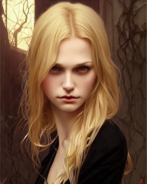 Prompt: portrait of a beautiful young blonde vampire, dark, piercing eyes, gentle expression, elegant clothing, photorealistic, highly detailed, artstation, smooth, sharp focus, art by michael whelan, artgerm, greg rutkowski and alphonse mucha