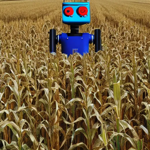 Prompt: a photo of farming robot wearing a straw hat blue overalls in the corn field, robots, humanoid, chappie, farming, photorealistic, 8 k