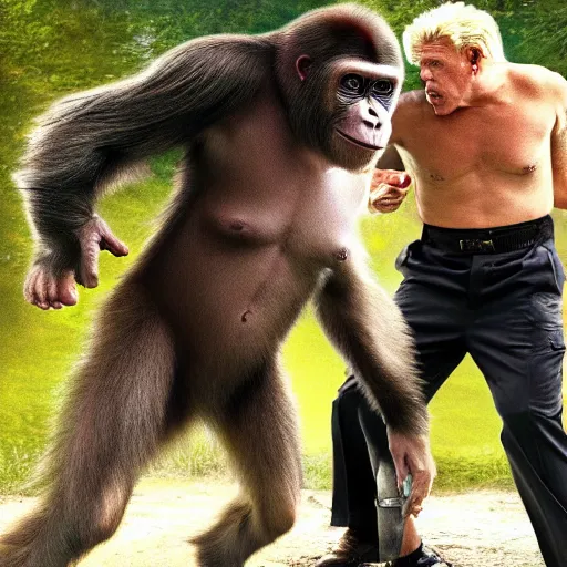 Prompt: stunning award winning hyperrealistic hdr 8 k highly detailed photo of garry busey fighting an ape, combat, fight, aggression