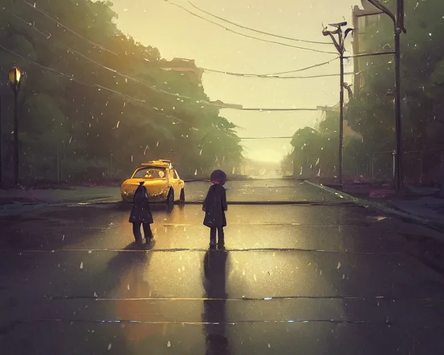 Image similar to one single taxi cab driving down a rainy country road through a field, gaslight, street lamps. Side view, full shot. Anime, By Makoto Shinkai, Stanley Artgerm Lau, WLOP, Rossdraws, James Jean, Andrei Riabovitchev, Marc Simonetti, krenz cushart, Sakimichan, trending on ArtStation, digital art.