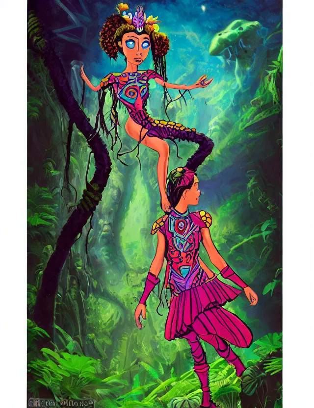 Image similar to aztec scifi princess of the fungus rainforest, wearing a lovely dress. this oil painting by the beloved children's comic artist has an interesting color scheme and impeccable lighting.