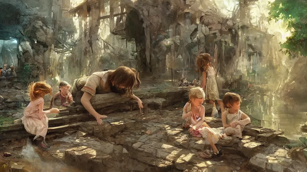 Image similar to a beautiful painting of children lost inside their imaginations, lovely, concept art, detailed, artstation, 4k, james gurney