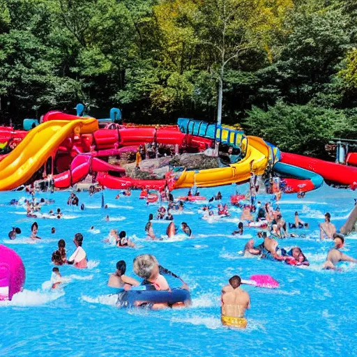 Image similar to photo of a large water park with numerous slides and water rides inside of central park. the new york city skyline is shown in the background.