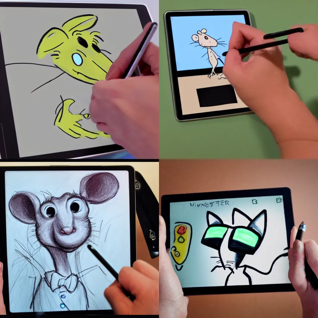 Prompt: a rat animator drawing on a tablet