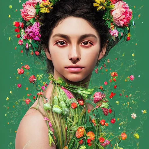 Prompt: the portrait of an absurdly beautiful, graceful, elegant, young mexican girl made of strawberries and green petals, an ultrafine hyperdetailed illustration by kim jung gi, irakli nadar, intricate linework, bright colors, octopath traveler, final fantasy, angular, unreal engine 5 highly rendered, global illumination, radiant light, detailed and intricate environment