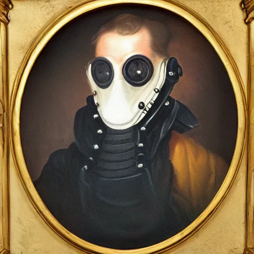 Image similar to an 1800's admiral wearing a gasmask, portrait, oil painting