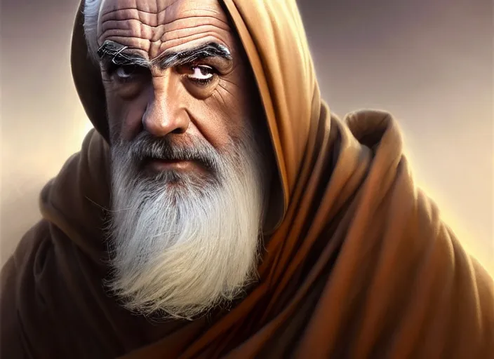 Image similar to white haired sean connery as a monk with long beard, robes, intricate, elegant, highly detailed, centered, digital painting, artstation, concept art, smooth, sharp focus, illustration, artgerm, tomasz alen kopera, peter mohrbacher, donato giancola, joseph christian leyendecker, wlop, frank frazetta