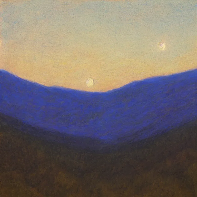 Prompt: new hampshire mountains, pale supermoon, clear sky, twilight, abbott handerson thayer, glaze oil painting, blue palette