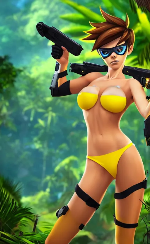 tracer game character, in black bikini, blonde hair