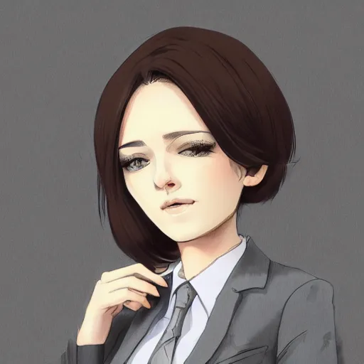 Image similar to woman in grey business suit, brown neat hair, pixiv, fanbox, trending on artstation, portrait, modern, sleek, highly detailed, formal, serious, determined, competent, colorized, smooth, charming, pretty, safe for work