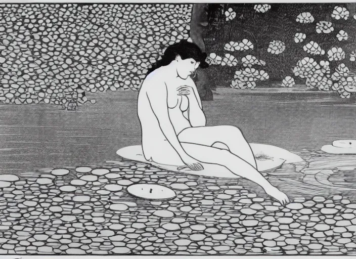 Image similar to A girl bathes in a lake where water lilies are floating, lithography by Aubrey Beardsley, High definition, detailed,