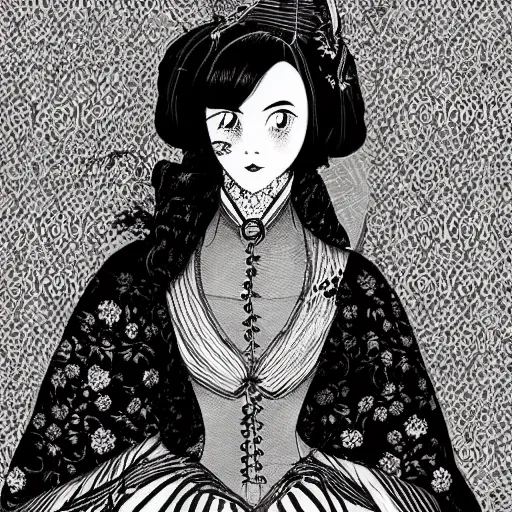 Image similar to Portrait a woman in Victorian clothing, Art by Yana Toboso, manga, black and white, japanese ink, high contrast, digital art