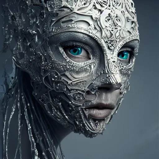 Image similar to Very very very very highly detailed epic central composition studio photography of face with venetian mask, intricate, dystopian, sci-fi, extremely detailed, digital painting, artstation, concept art, smooth, sharp focus, illustration, intimidating lighting, incredible art by Tokujin Yoshioka and Anton Pieck