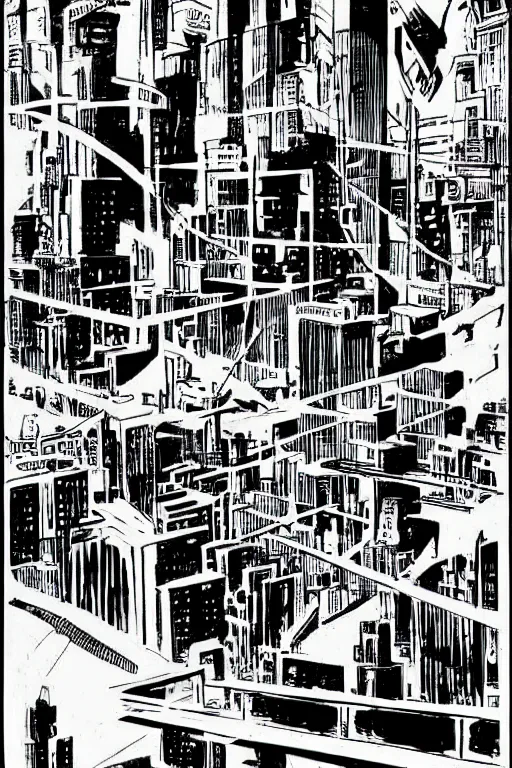 Prompt: a futuristic city drawn by jack kirby, pencils and inks, black and white, high quality